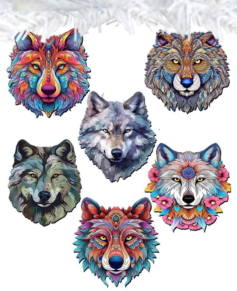 Designocracy Holiday Wooden Clip-On Ornaments Enigmatic Wolves Set of 6 G. DeBrekht