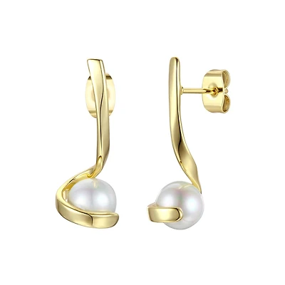 Sterling Silver with Freshwater White Pearl Ribbon Swirl Dangle Drop Earrings