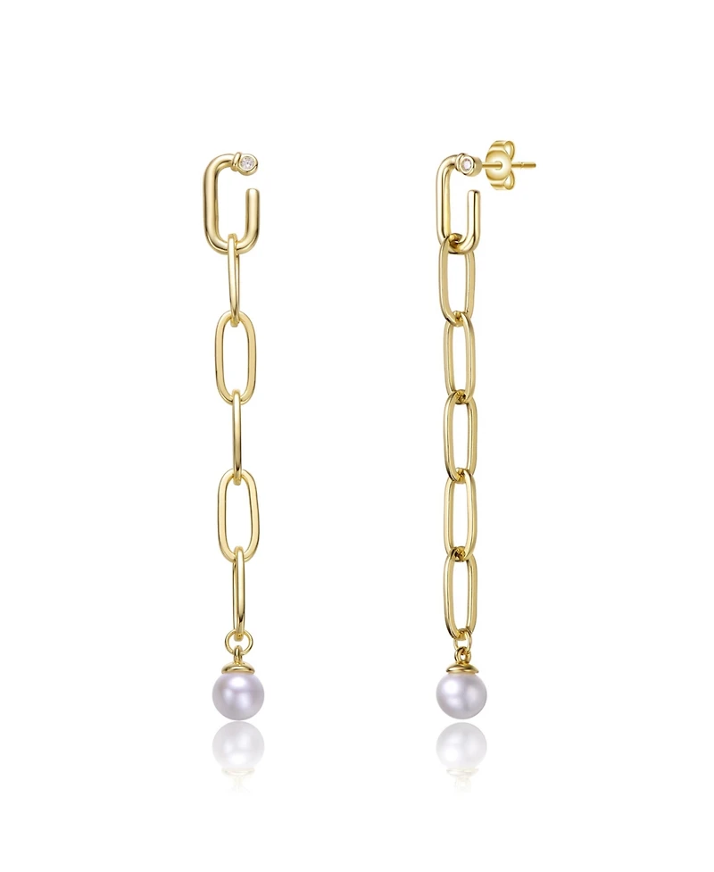Sterling Silver 14K Gold Plated Genuine Freshwater Pearl and Cubic Zirconia Drop Butterfly Earrings