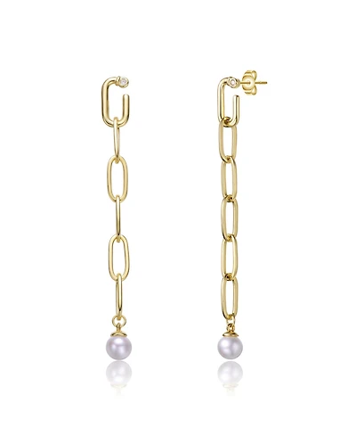 Sterling Silver 14K Gold Plated Genuine Freshwater Pearl and Cubic Zirconia Drop Butterfly Earrings