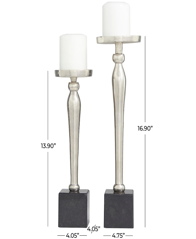 Aluminum Slim Candle Holder with Black Marble Base 17" and 14" H, Set of 2