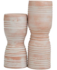 Ceramic Whitewashed Ribbed Terracotta Candle Holder 11" and 9" H, Set of 2