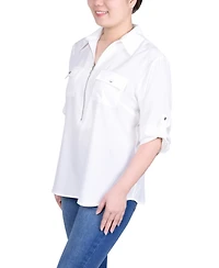 Ny Collection Petite 3/4 Roll Tab Sleeve Zip Front Blouse