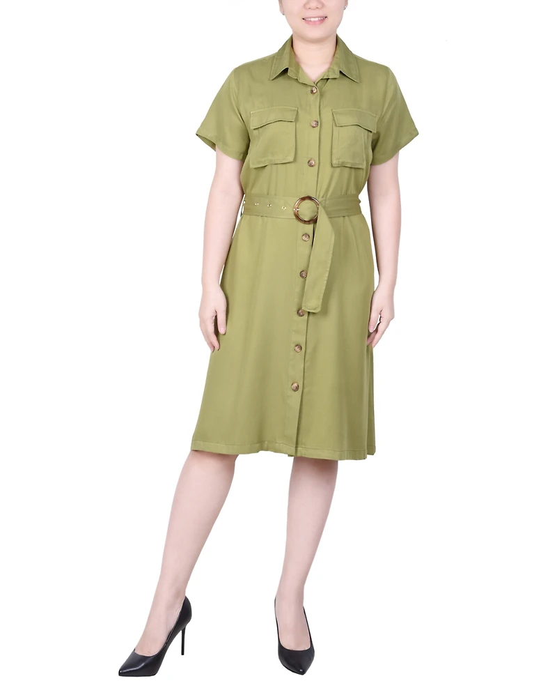 Ny Collection Petite Short Sleeve Belted Utility Style Dress