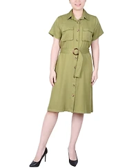 Ny Collection Petite Short Sleeve Belted Utility Style Dress