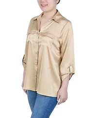 Ny Collection Petite 3/4 Sleeve Roll Tab Satin Blouse