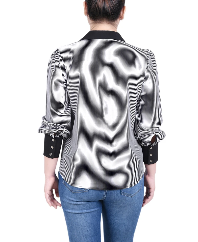 Ny Collection Petite Long Sleeve Striped Button Front Blouse