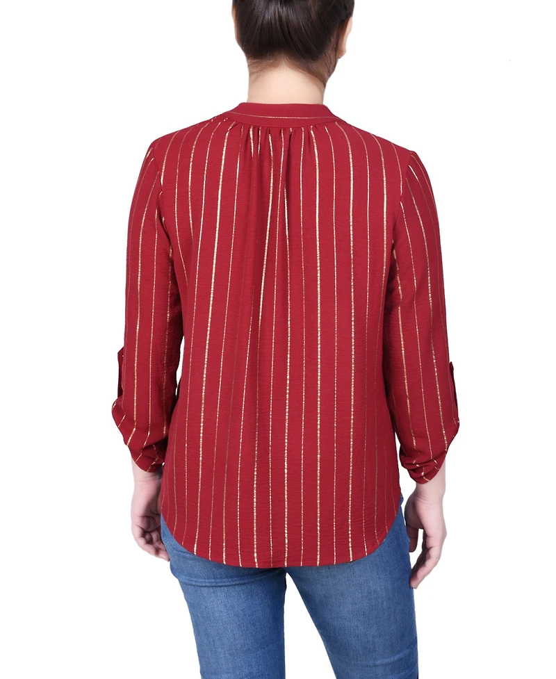 Ny Collection Petite Long Sleeve Foil Striped Blouse