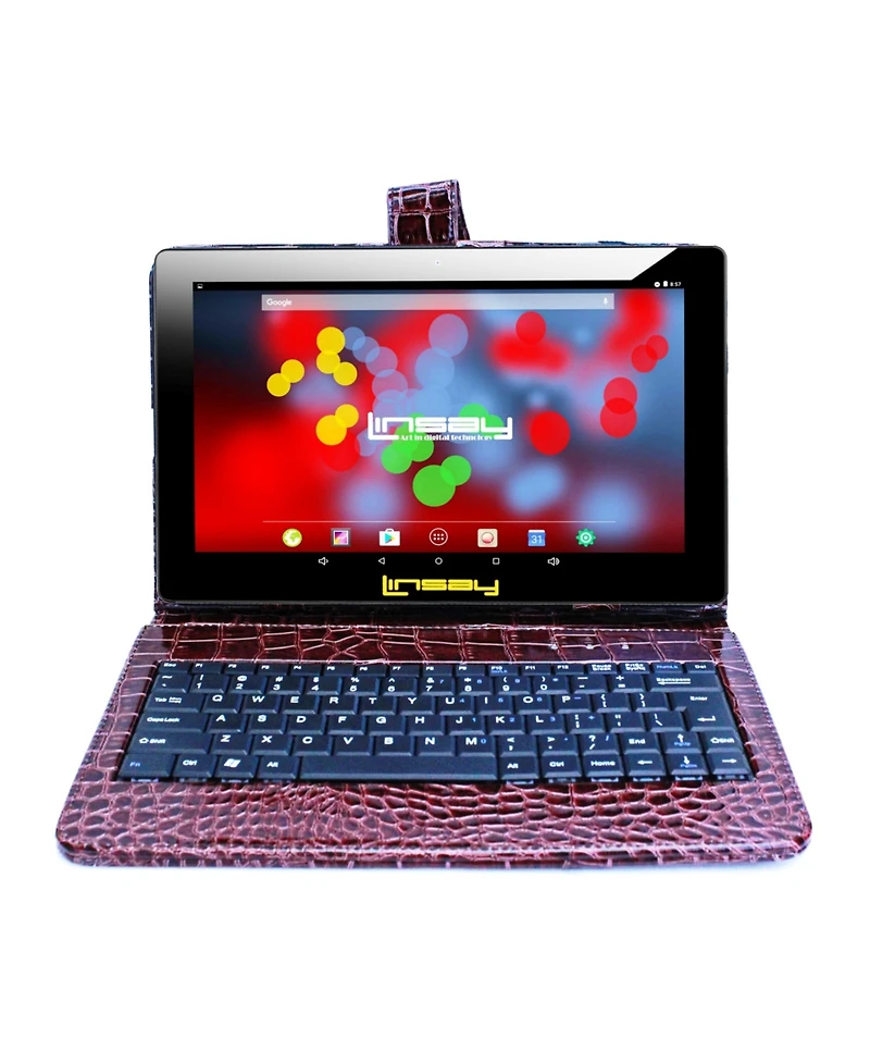 New Linsay 10.1" Tablet Octa Core 128GB Bundle with Exclusive Luxury Brown Crocodile Style Keyboard Newest Android 14