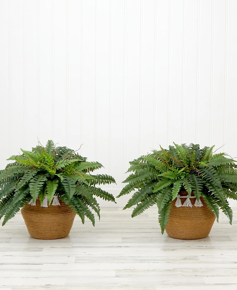 Nearly Natural 23" Artificial Boston Fern Plant with Handmade Jute Cotton Basket with Tassels Diy Kit Set of 2