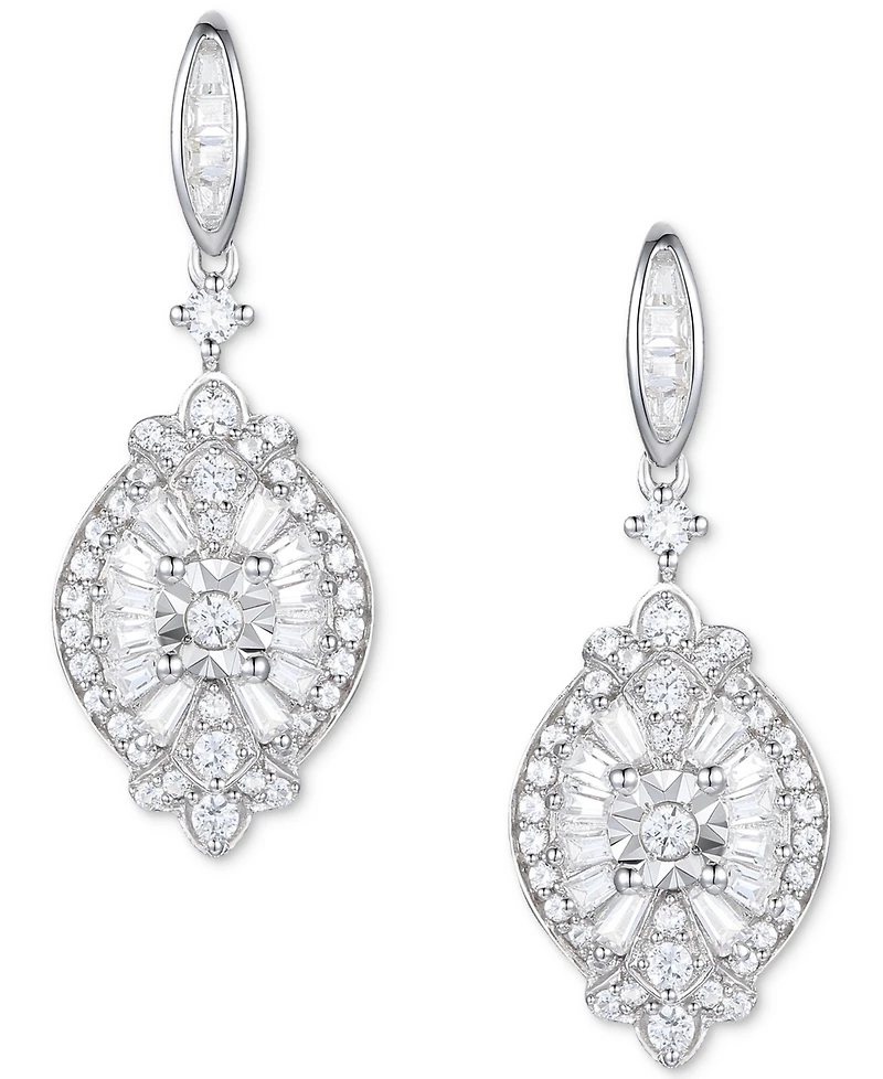 Diamond Baguette & Round Cluster Drop Earrings (1/2 ct. t.w.) in Sterling Silver