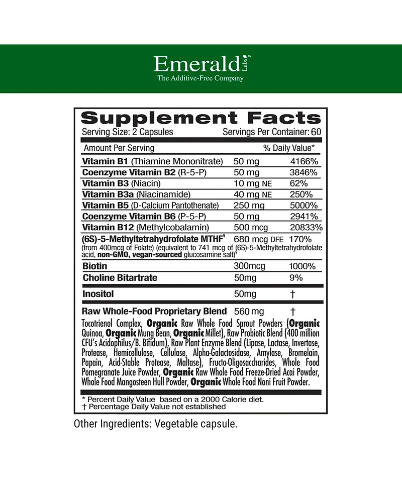 Emerald Labs B-Healthy - With L-5 Methyltetrahydrofolate (5-mthf) Coenzymated Folic Acid as Folate for Energy, Stress, Cognitive and Immune Support