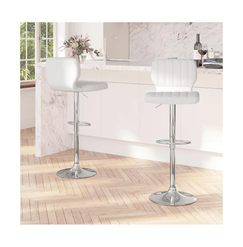 Set Of Two Swivel Bar Stools With Vertical Stitched Back And Adjustable Chrome Base Footrest