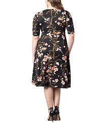Kiyonna Plus Size Gabriella Ruched Sleeve Midi Dress with Pockets