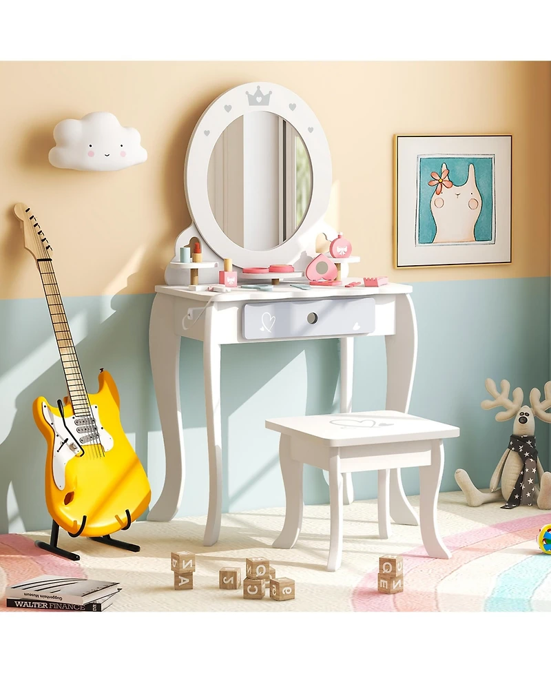 Costway Kids Vanity Set Makeup Table & Chair Sweet Accessories Included Storage Drawer