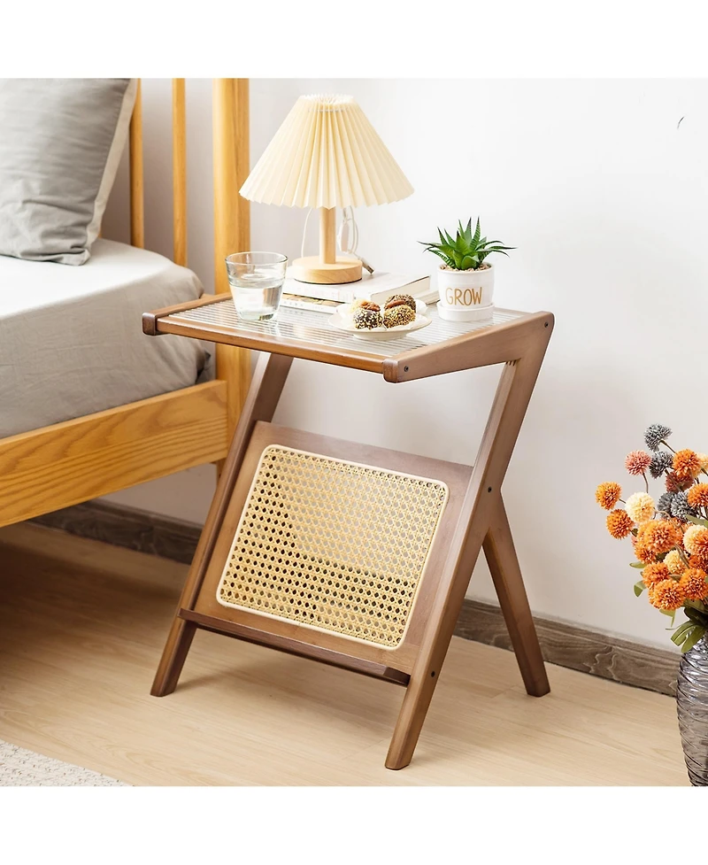 Rattan Side Table Bamboo Accent Bedside with Tempered Glass Top