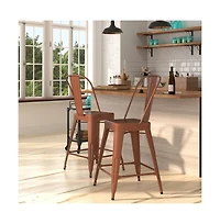 Stella 24" Metal Indoor-Outdoor Counter Stool With Vertical Slat Back And Integrated Footrest