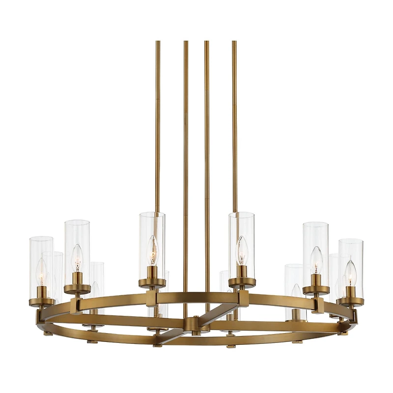 Stiffel Aron Brass Gold Wagon Wheel Chandelier 36" Wide Modern Clear Glass Shade 12-Light Fixture for Dining Room House Foyer Kitchen Island Entr