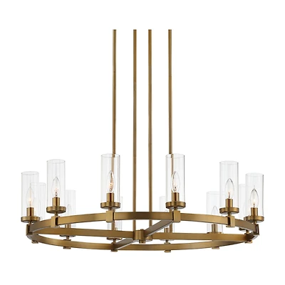 Stiffel Aron Brass Gold Wagon Wheel Chandelier 36" Wide Modern Clear Glass Shade 12-Light Fixture for Dining Room House Foyer Kitchen Island Entr
