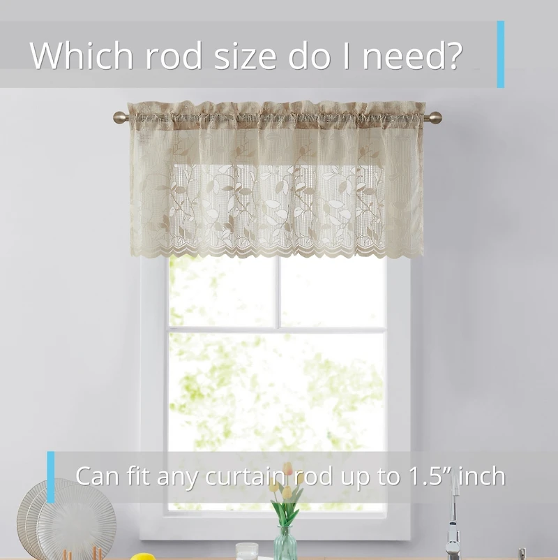Hlc.me Joyce Lace Sheer Kitchen Curtain Valance Topper - Rod Pocket for Small Windows, Bathroom & Kitchen