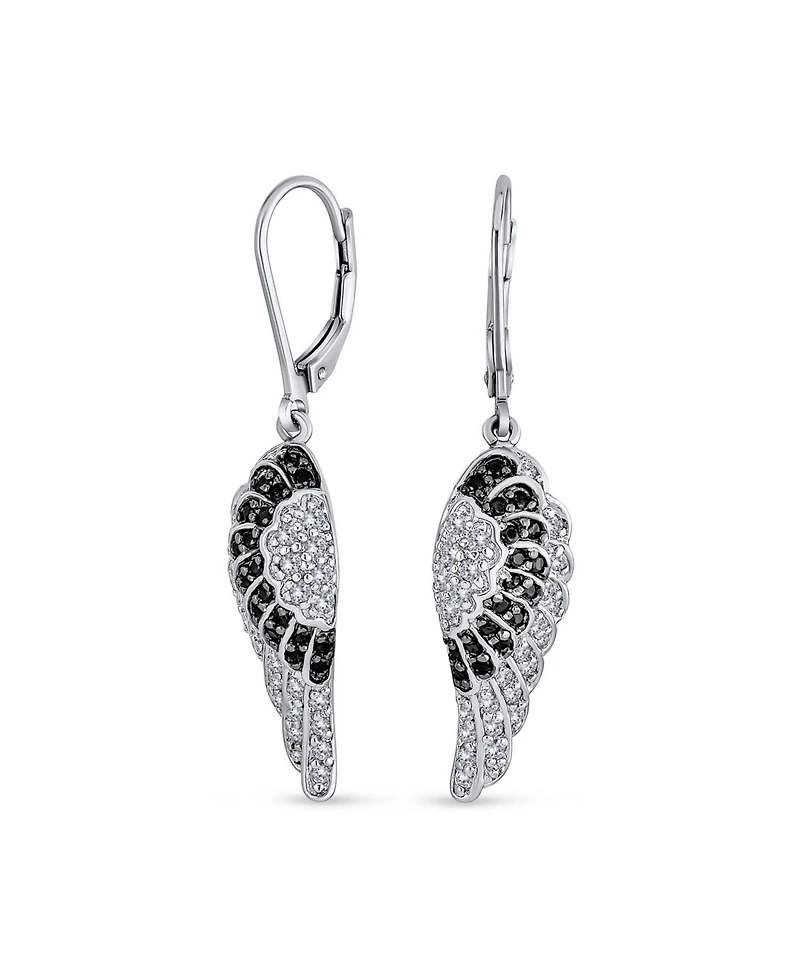 Bling Jewelry Two Tone Spiritual Guardian Angel Wing Feather Cubic Zirconia Black White Cz Lever back Earrings