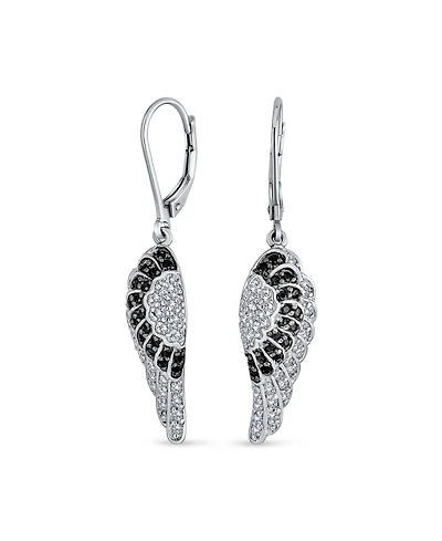 Bling Jewelry Two Tone Spiritual Guardian Angel Wing Feather Cubic Zirconia Black White Cz Lever back Earrings