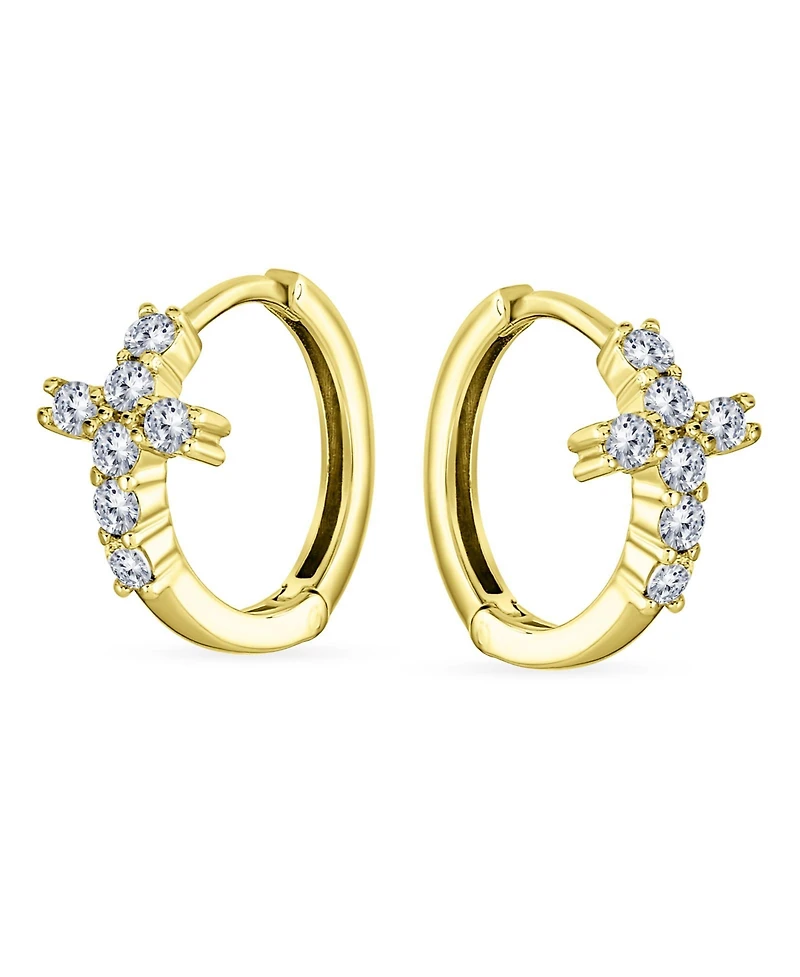 Bling Jewelry Spiritual Small Religious Kpop Cz Cross Huggie Small Hoop Earrings Pave Cubic Zirconia Sterling Silver