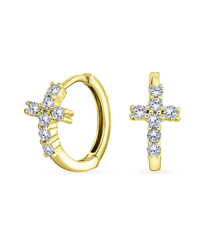 Bling Jewelry Spiritual Small Religious Kpop Cz Cross Huggie Small Hoop Earrings Pave Cubic Zirconia Sterling Silver