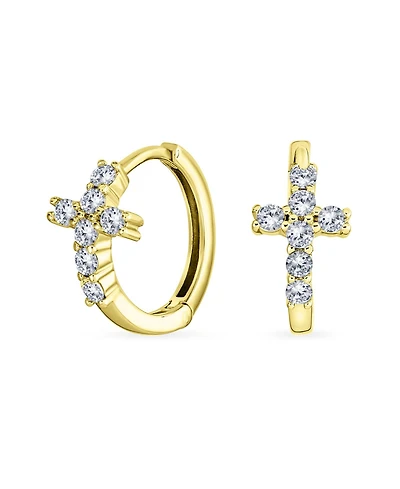 Bling Jewelry Spiritual Small Religious Kpop Cz Cross Huggie Small Hoop Earrings Pave Cubic Zirconia Sterling Silver
