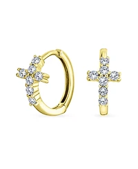 Bling Jewelry Spiritual Small Religious Kpop Cz Cross Huggie Small Hoop Earrings Pave Cubic Zirconia Sterling Silver