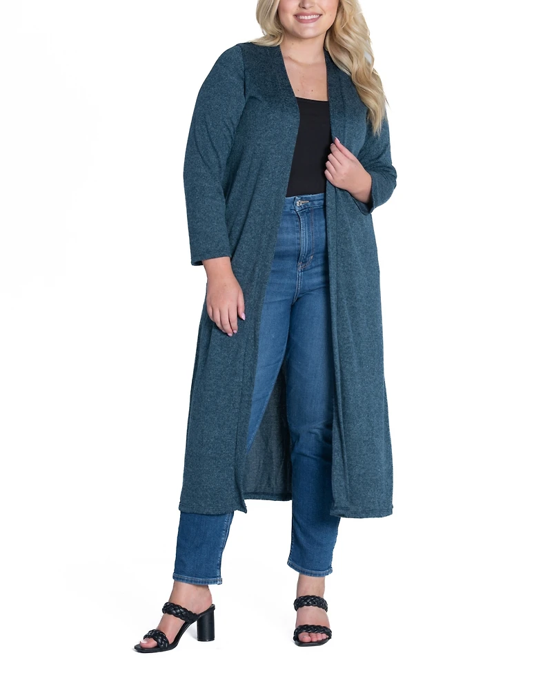 24seven Comfort Apparel Plus Size Long Duster Open Front Knit Cardigan Sweater