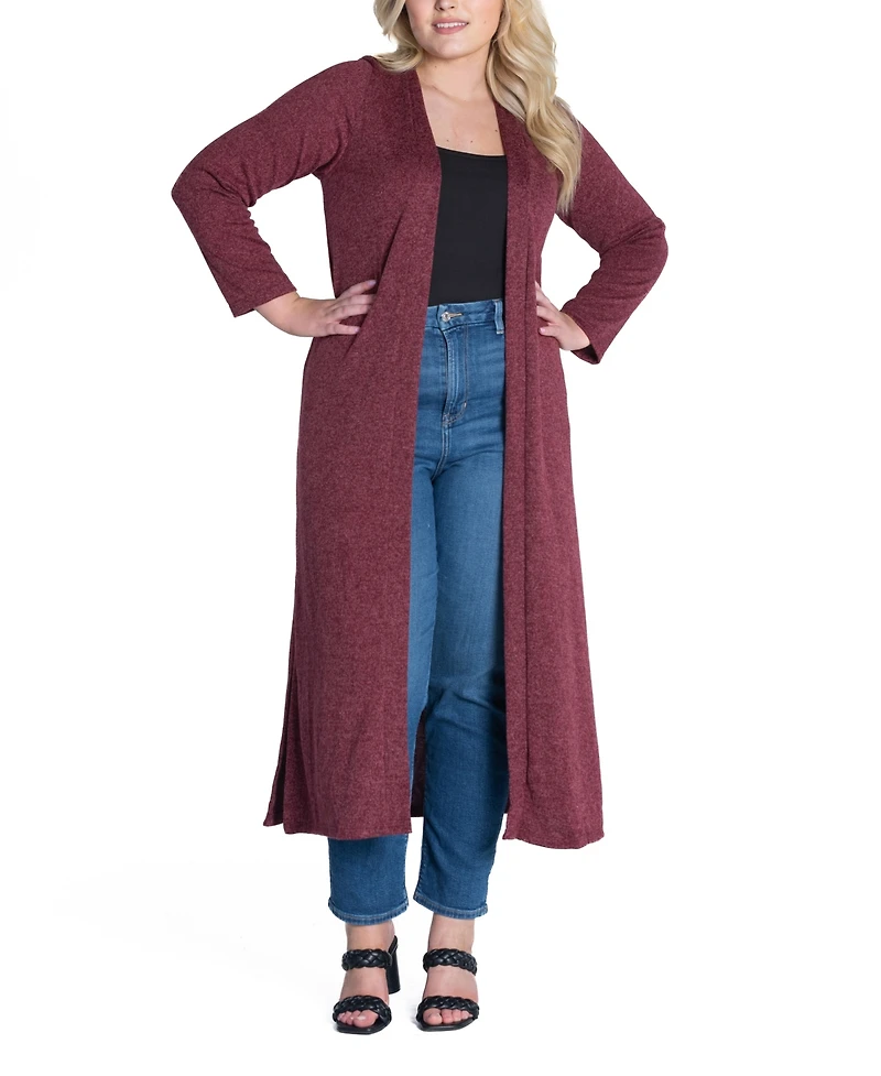 24seven Comfort Apparel Plus Size Long Duster Open Front Knit Cardigan Sweater