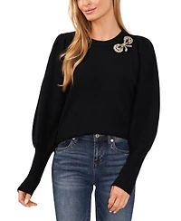 CeCe Women's Rhinestone Bow Crew Neck Sweater