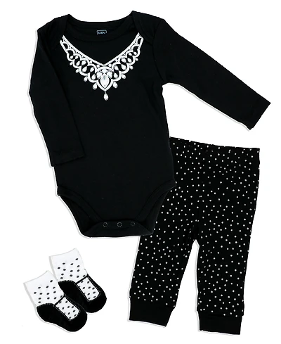 Baby Mode Girls Diamond Necklace Bodysuit, Pants and Socks, 3 Piece Set
