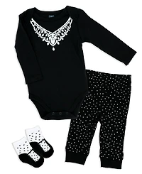 Baby Mode Girls Diamond Necklace Bodysuit, Pants and Socks, 3 Piece Set