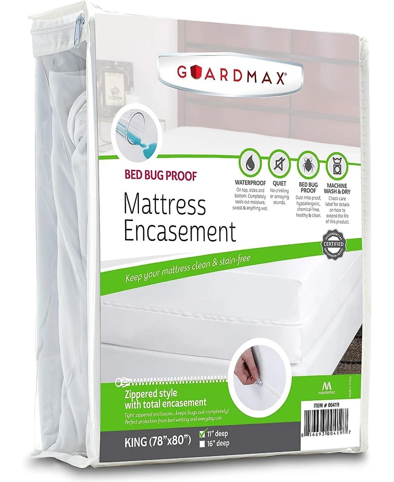 Guardmax Waterproof Zippered Mattress Encasement -King Size (11-13 Deep) - White