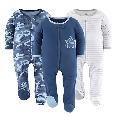 The Peanutshell Baby Boys Blue Camo Footed Sleepers for Boys, 3-Pack