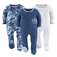 The Peanutshell Baby Boys Blue Camo Footed Sleepers for Boys, 3-Pack