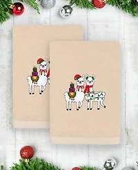 Linum Home Christmas Llamas Embroidered Luxury 100% Turkish Cotton Hand Towels, 2 Piece Set