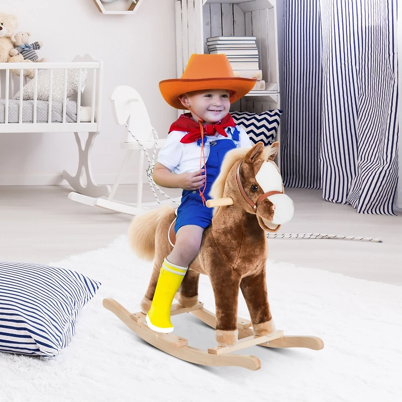 Qaba Kids Rocking Horse, Plush Toddler Rocker, Wooden Base Ride On Toy