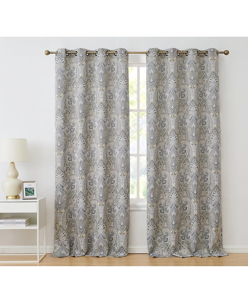 Hlc.me Paris Paisley Decorative Print Damask Pattern Light Reducing Filtering Grommet Window Curtain Panels, Set of 2 (Grey yellow