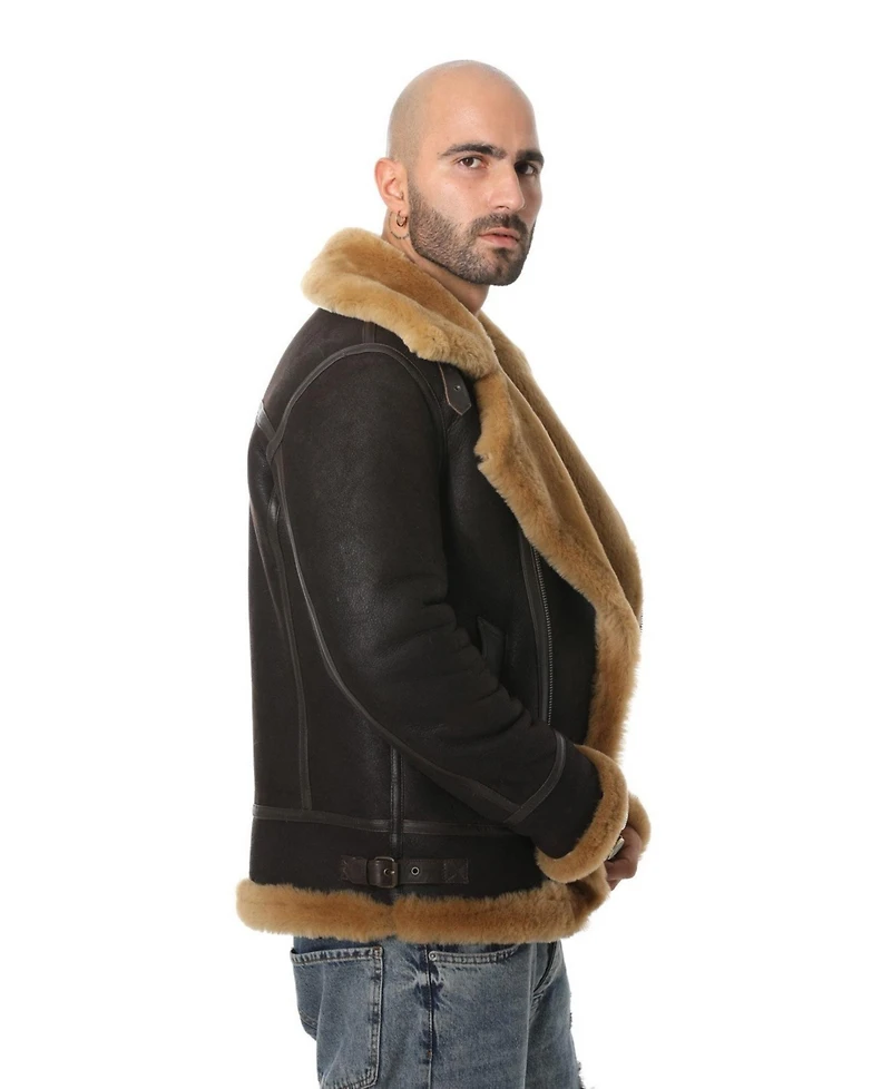 Furniq Uk Men's Shearling Biker Jacket, Washed Brown with Ginger Wool