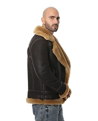 Furniq Uk Men's Shearling Biker Jacket, Washed Brown with Ginger Wool