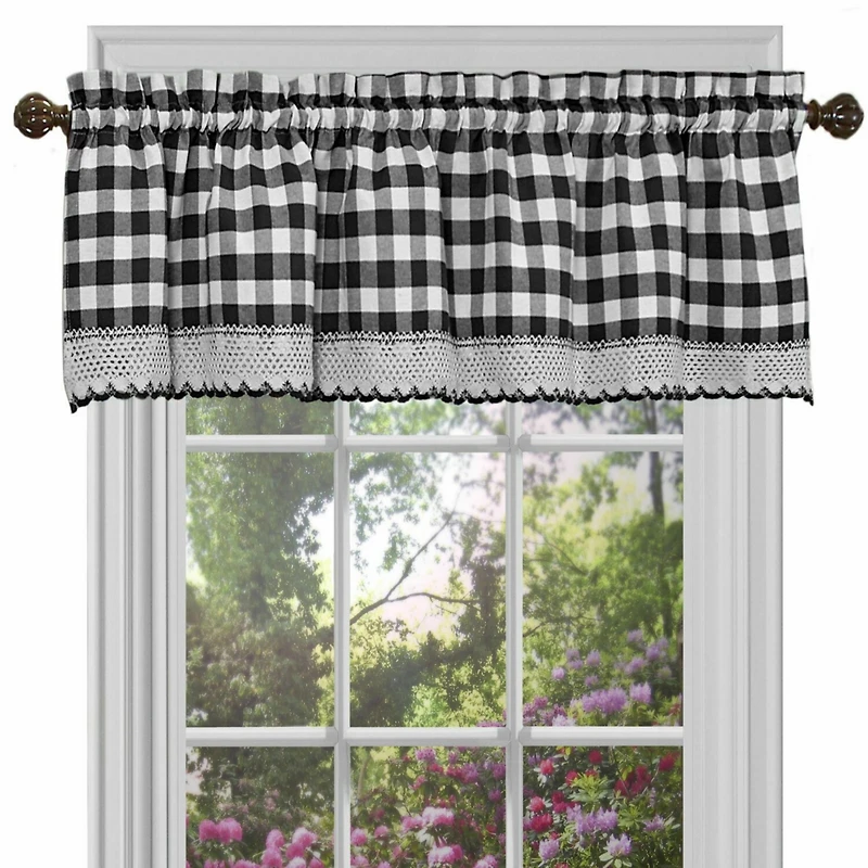 Kate Aurora Complete 3 Piece Country Farmhouse Plaid Gingham Black & White Buffalo Check Kitchen Curtain Tier & Valance Set