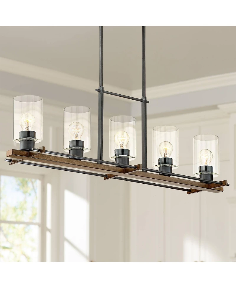 Franklin Iron Works Ranger Dust Bronze Wood Linear Pendant Chandelier 36 3/4" Wide Rustic Clear Glass 5-Light Fixture for Dining Room Kitchen Isl