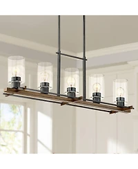Franklin Iron Works Ranger Dust Bronze Wood Linear Pendant Chandelier 36 3/4" Wide Rustic Clear Glass 5-Light Fixture for Dining Room Kitchen Isl
