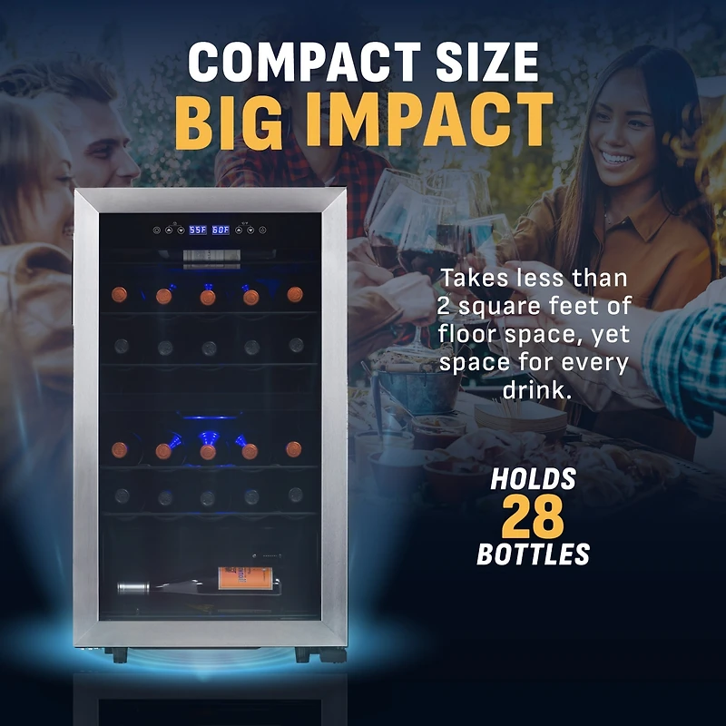 Newair Freestanding 28 Bottle Dual Zone Compressor Wine Fridge in Stainless Steel, Adjustable Racks and Exterior Digital Thermostat