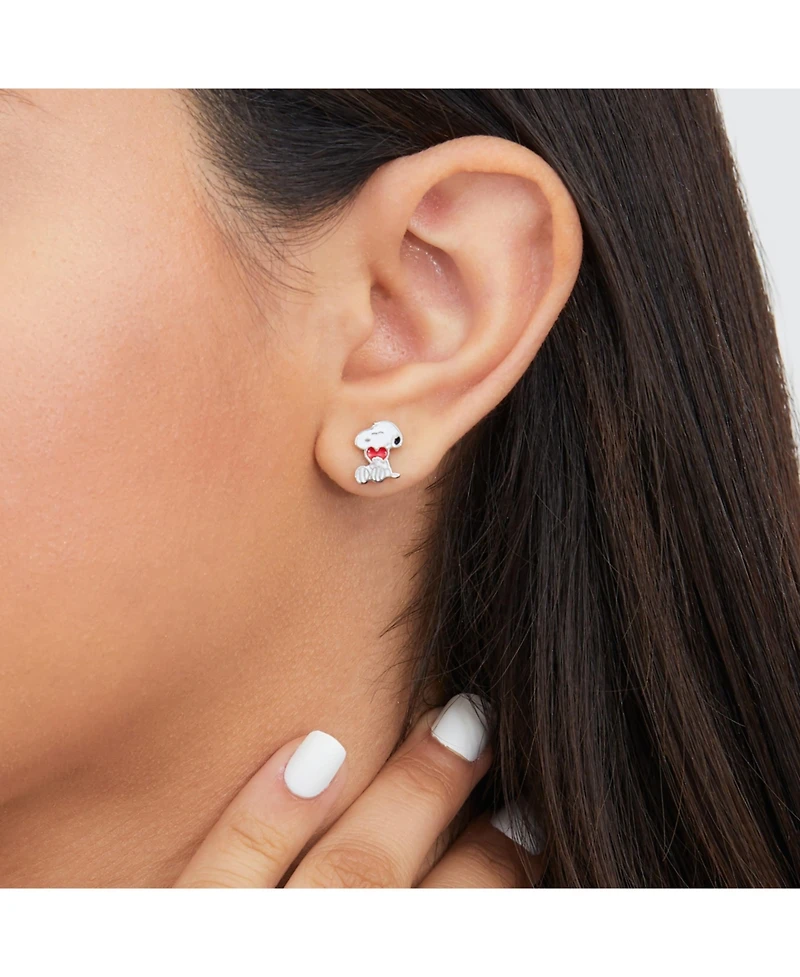 Peanuts Silver Plated and Enamel Snoopy with Heart Stud Earrings