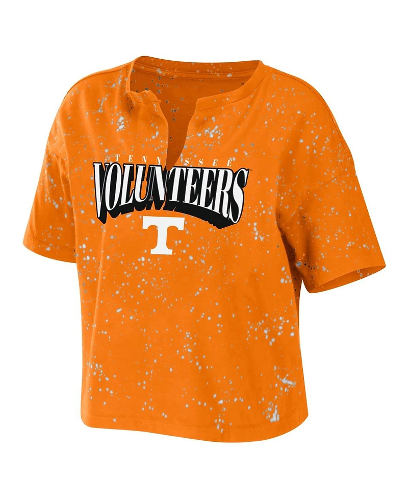 Women's Wear by Erin Andrews Tennessee Orange Volunteers Bleach Wash Splatter Cropped Notch Neck T-shirt