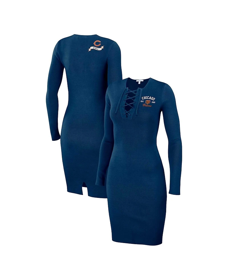 Women's Wear by Erin Andrews Navy Chicago Bears Lace Up Long Sleeve Dress